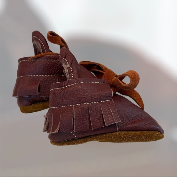 Handmade burgundy real leather tie front baby moccasins - Picture 1 of 2